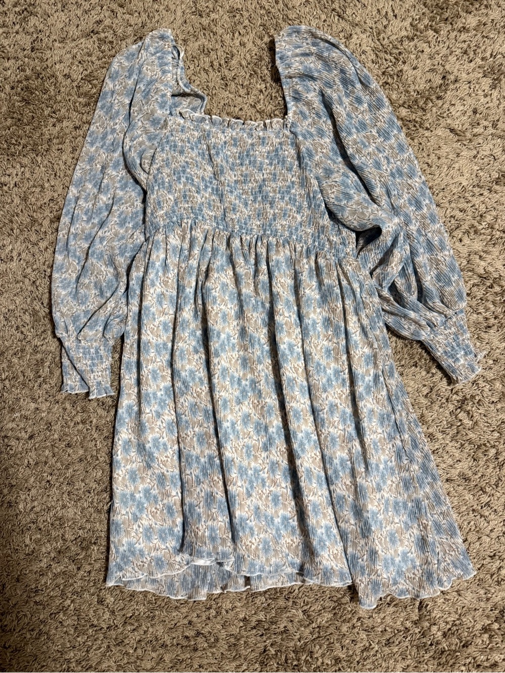 ARULA Blue and Cream Floral Long Sleeve Smocked Dress